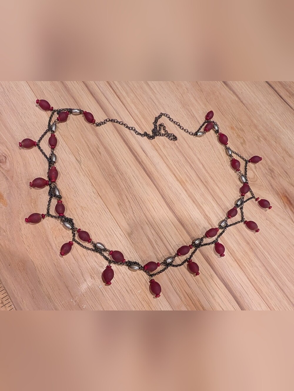 Source Unknown Matte Burgundy Bead Layered Chain Necklace